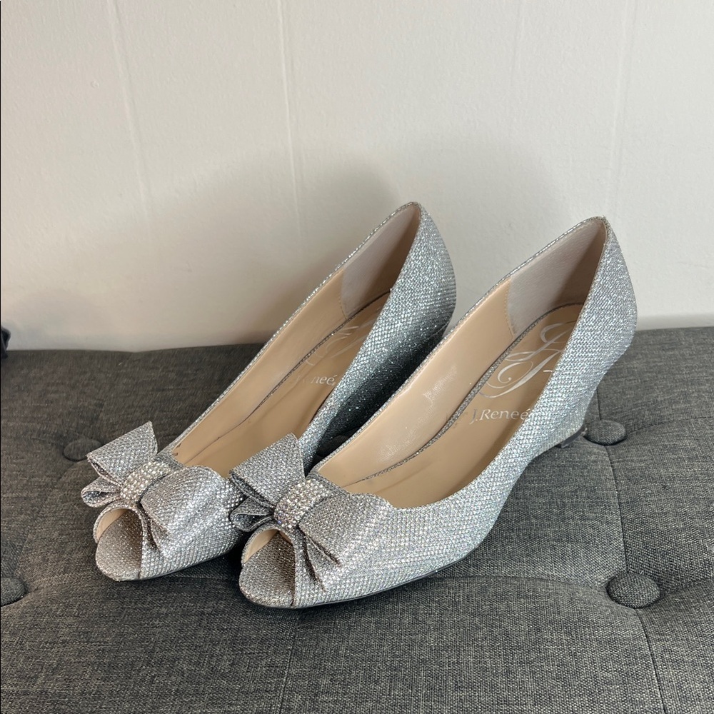 J.Renee Glittering Silver Wedge Shoes with Bow